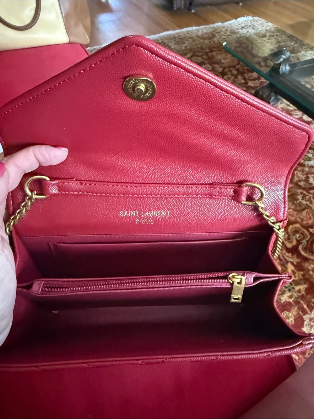 Yves Saint Lauren red leather clutch with gold chain. - Picture 4 of 7